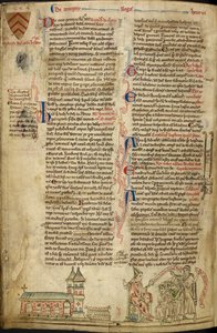 皇家 14C VII, f.138v 威斯敏斯特大教堂和圣爱德华神殿；右侧为里昂会议上的教皇英诺森四世，插图选自《Historia Anglorum 作者 马修·巴黎