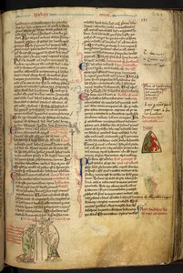 皇家 14 C. VII f.122r 伦敦主教罗杰-奈杰尔祝圣阿宾顿的埃德蒙为坎特伯雷大主教，上方刻有他们的名字，插图选自《Historia Anglorum》，约 1250-59 年（牛皮纸） 作者 马修·巴黎