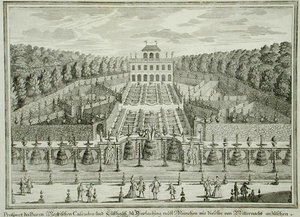 慕尼黑附近的一个王子府邸的景色，来自《Erlustierende Augenweide in Vorsetellung Herrliche Garten》，由卡尔-雷姆沙德（1678-1735）雕刻，约1725年出版（雕刻）。 作者 马蒂亚斯（后）柴油