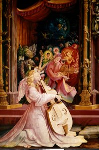 伊森海姆（或伊森海姆）的祭坛画。"La Nativite" 天使音乐家音乐会的细节。中间的天使在演奏Gamba中提琴。壁画由Mathis Neithardt Gothardt dit Matthias Grunewald (1480-1528) (ec.all.) 1512-1516 Dim.265x304 cm Col
