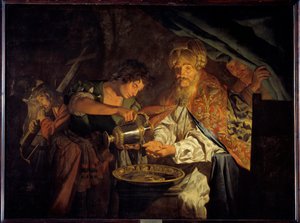 本丢-彼拉多（Pontius Pilatius）洗手 本丢-彼拉多（公元前10年-公元39年），犹大的预言家，判断无用，要谴责耶稣基督，他洗手表示他不同意 - 马蒂亚斯-斯托姆（Matthias Stom）的绘画（1600-1650）。