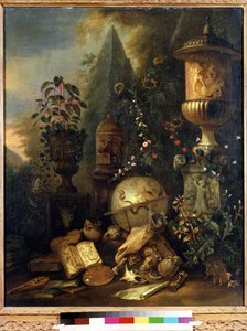 Vanitas，带花瓶的静物。马蒂亚斯-威瑟斯（Matthias Withoos，1627-1703 年）的作品。布面油画，83 x 67 厘米。17 世纪荷兰艺术。莫斯科普希金美术博物馆。
