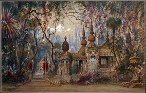 M. Glinka par Shishkov, Matvei Andreyevich (1832-1897) 为歌剧《鲁斯兰与柳德米拉》设计舞台。 笔、毛笔、水彩、墨水和纸本白色