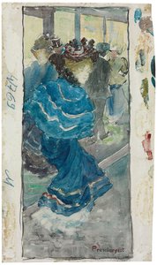 穿着蓝色连衣裙的优雅女人，c.1893-94