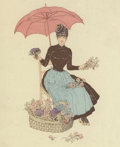 坐在伞下卖花的女人（彩色平版印刷）。