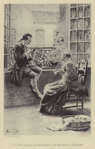 让-雅克-卢梭向特蕾莎传授时间（凹版印刷）。 作者 莫里斯·勒卢瓦（Maurice Leloir）