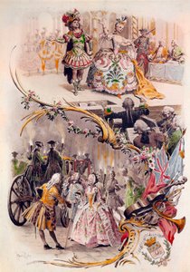 带有莫里斯-勒鲁瓦（1851-1940）插图的婚礼菜单，内容为穿着盛装的舞会和加兰特场景，1900年4月6日 作者 莫里斯·勒卢瓦（Maurice Leloir）