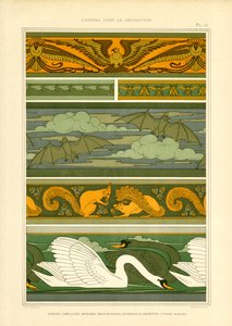 鹰、蝙蝠、松鼠和天鹅动物边框（石版印刷）