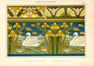 天鹅、昆虫和鸢尾花装饰边框（石版画）