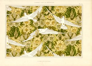 白色鸽子和百合花纺织图案（石版印刷） 作者 莫里斯·皮拉德·维尔纽尔