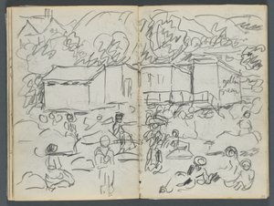 素描本，《戴尔斯》，第 127 期，第 114 和 115 页：有人物和建筑的风景画 作者 莫里斯·普伦德加斯特
