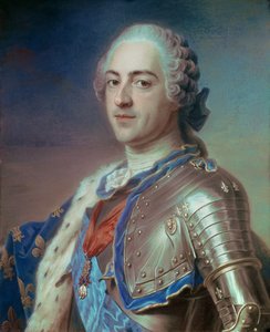 路易十五（1710 - 1774）的肖像，身着盔甲，带有圣灵勋章和金羊毛的绳索。 Maurice Quentin Delatour 的粉彩，被称为 Quentin De La Tour 或 Quentin De Latour (1704-1788) 作者 莫里斯·昆汀·德拉图尔