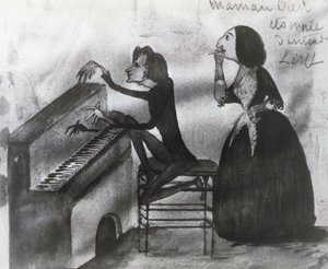 弗朗兹-李斯特（1811-1886）和乔治-桑（1804-1876）1832年在诺汉特的漫画，由莫里斯-桑（1825-1889）绘制。