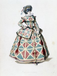 1855 年的丑角服装和面具，喜剧喜剧中丑角的女性角色。 A. Manceau 出自“”Masques et Bouffons”的版画，莫里斯·桑 (1823-1889) 的文字和图画，乔治·桑的序言 作者 莫里斯·桑德