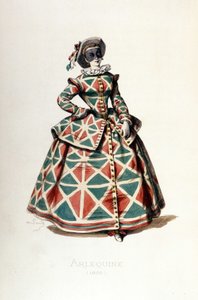 1855 年的丑角服装和面具，喜剧喜剧中丑角的女性角色。 A. Manceau 出自“”Masques et Bouffons”的版画，莫里斯·桑 (1823-1889) 的文字和图画，乔治·桑的序言 作者 莫里斯·桑德