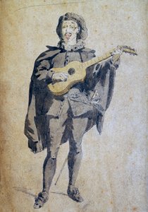 Scaramouche，莫里斯-桑（1823-1889）的插图，雕刻自题为 "面具和布冯 "的《艺术喜剧》研究，巴黎法国剧院。 作者 莫里斯·桑德
