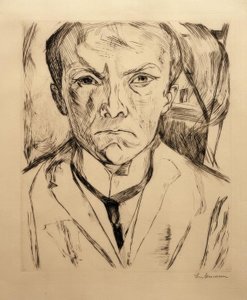 从正面拍摄的自画像，背景是房屋屋檐 作者 马克斯·贝克曼
