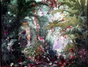 Richard Wagner 的“Parsifal”秀的装饰：Klingsor 花园。 布鲁克纳 1882 年的布景。拜罗伊特瓦格纳博物馆。
