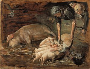 猪圈，苗圃；猪的苗圃，1887年 作者 马克斯·利伯曼