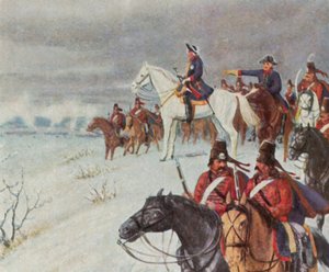 1757 年 12 月 5 日，莱顿战役中腓特烈大帝在博尔纳山上（增强型彩色石版画） 作者 