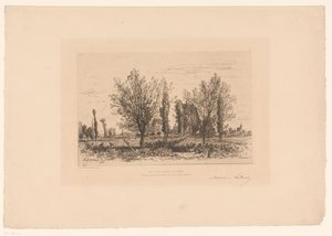 草地和城镇景观
Dans les champs de Cénon.(物品上的标题） 作者 Maxime François Antoine Lalanne（艺术家签名）