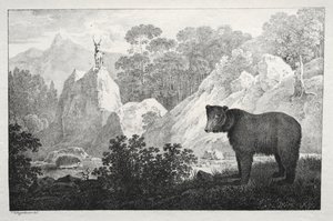 与熊的多山风景在前景。 作者 马克西米利安·约瑟夫·瓦根鲍尔
