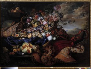 地毯上的水果篮、鲜花和琵琶。 马克西米利安·菲勒（Maximilian Pfeiler，1481-1536）的绘画。 强制提及：收藏基金会问候德普罗旺斯，马赛（cm 145x196,5） 作者 马克西米利安·菲勒（Maximilian Pfeiler）或普菲勒（Pfeiller）