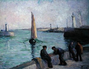 港口的渔民，约1920年（布面油画） 作者 马克西米利安·卢斯（Maximilien Luce）