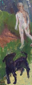 遛黑狗的白人，2016 年（布面油画） 作者 梅根·威廉姆森