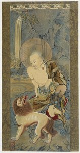 与狮子的人。 明朝（1427-1532）的丝绸绘画。 作者 明长