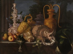 Still life, shells and goldsmith. Painting by Meiffren Conte (1630-1705). Oil on canvas. Dim: 91x121cm. Mandatory mention: Collection fondation regards de Provence, Marseille   1419222   zh       chinese Successfully Translated  Original: mandala: Thistle  作者 梅菲伦（c.1630-1705）孔戴