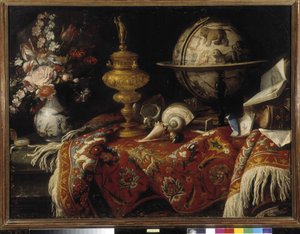 花瓶、星空地球仪、书籍和地毯上的金饰。梅夫伦-孔特（或伯爵）（1630-1705 年）的画作：普罗旺斯问候基金会收藏，马赛（92x121 厘米） 作者 梅菲伦（c.1630-1705）孔戴