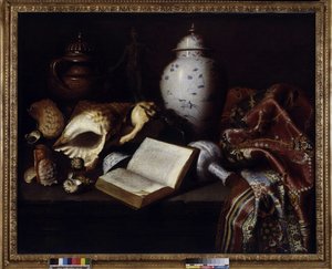 China vases, shells, antique bronzes, books and carpets (oil on canvas) 作者 梅菲伦（c.1630-1705）孔戴