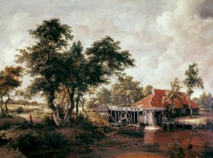 有大红色屋顶的水磨坊。 Meindert HOBBEMA 的绘画