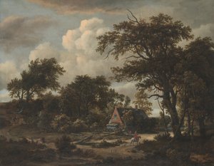 带有小屋和骑手的森林景观，1663年。