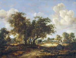 树木繁茂的景观与小屋，1665年