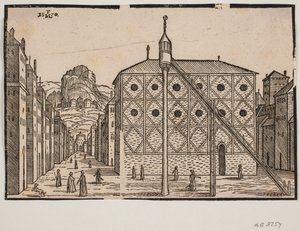 街道，前景为清真寺和独立尖塔 作者 梅尔基奥尔（Melchior Lorck）