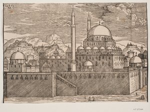 从东南方看巴亚济迪耶清真寺的理想化图像 作者 梅尔基奥尔（Melchior Lorck）