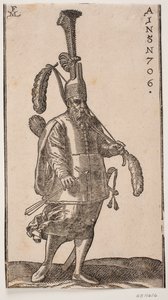 站立的士兵，转向画面右侧；头饰上有高高竖起的翎毛；左手持弓，弓的两端有大羽毛；右手持箭；背上有箭筒，身旁有剑 作者 梅尔基奥尔（Melchior Lorck）