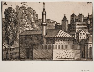 带 1 个尖塔的不明清真寺，左侧：高树 作者 梅尔基奥尔（Melchior Lorck）