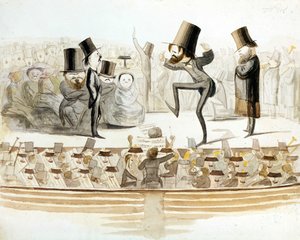 朱塞佩·威尔第 (Giuseppe Verdi) (1813-1901)，意大利作曲家，与男高音弗拉斯基尼和女高音菲奥雷蒂重复“Un ballo in Maschera”（Un Balo 面具）。 Melchiorre Delfico 的卡通。 米兰人。