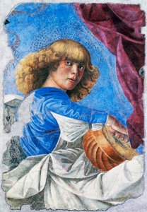 演奏琵琶的天使，1480 年，梅洛佐·达·弗利（Melozzo da Forli，1438-1494 年）的壁画，来自意大利基督升天壁画的独立壁画 作者 Melozzo da Forli