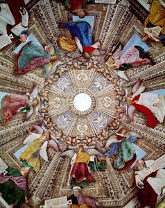 梅洛佐-达-弗利（Melozzo degli Ambrosi）（1438-1494）的壁画《先知和天使的表现》，洛雷托的圣卡萨圣殿，圣马克（Marco）圣殿的丘顶。 作者 Melozzo da Forli