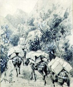 跋涉，从卡贝罗到瓦伦西亚的骡子商品列车（纸上水彩画 作者 梅尔顿·普里尔