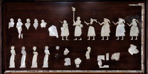 美索不达米亚：马里旗帜在沥青、贝壳和石头中的马赛克元素。 约公元前 3500 年 来自马里的伊什塔尔神庙。 太阳 0,53x0,72 m 巴黎，卢浮宫博物馆 作者 美索不达米亚