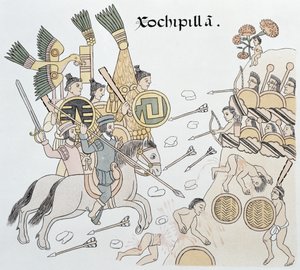 西班牙和阿兹特克人之间的Xochipilla之战，来自墨西哥印第安人图片历史Lienzo de Tlaxcala传真的插图，1850年，1592年 作者 墨西哥学校