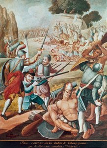 征服墨西哥：1519 年埃尔南多-科尔特斯（Hernando Cortes，1485-1547 年）与塔巴斯科印第安人之间的战斗" 墨西哥画派的绘画作品 作者 墨西哥学校