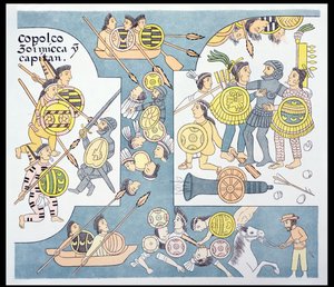 1521年8月，Hernando Cortes（1485-1547）和Tenochtitlan的Cuauhtemoc之间的最后一场战斗，插图来自墨西哥印第安人图片历史Lienzo de Tlaxcala的传真，1895年，1592年（colo 作者 墨西哥学校