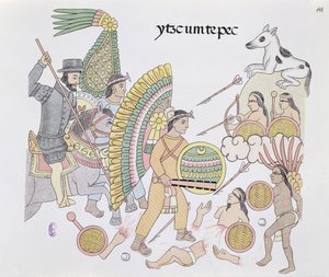赫尔南多·科尔特斯（1485-1547）在Tenochtitlan的围困下，决定离开这座城市，插图来自墨西哥印第安人的历史照片Lienzo de Tlaxcala，照片于1892年1550年（彩色版画） 作者 墨西哥学校