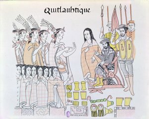 La Malinche（Dona Marina）在蒙特苏马（1466-1520）向Hernando Cortes（1485-1547）介绍妇女和黄金期间担任口译员从墨西哥印第安人图片传真中的插图 作者 墨西哥学校